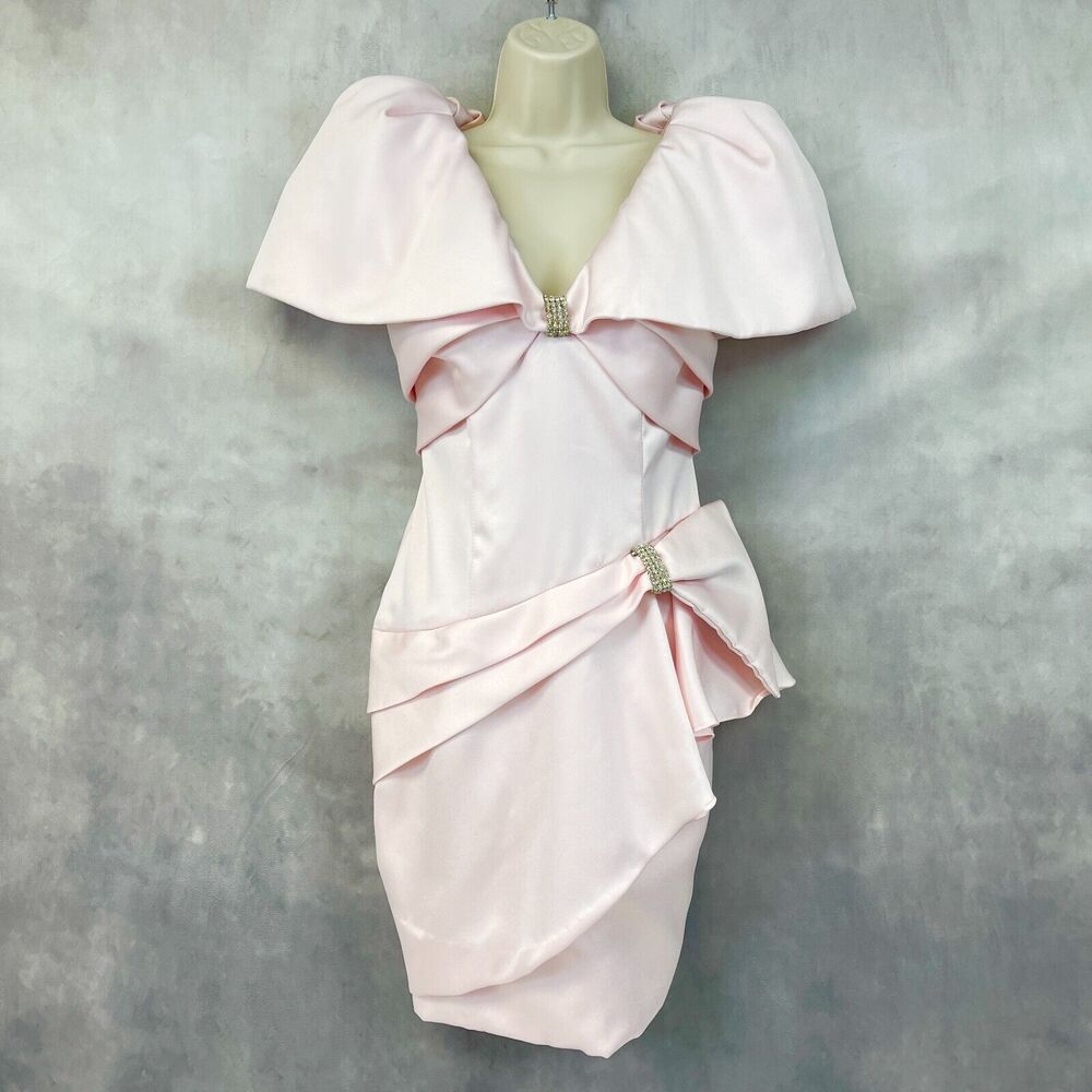 Perfect 80’s dress! Elegant Pale Pink Draped Cocktail Dress with Bow Accents